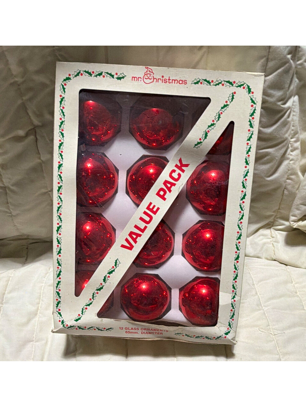 Mr. Christmas Red Glass Bauble Ornaments, Solid Round 65mm, 12, Christmas